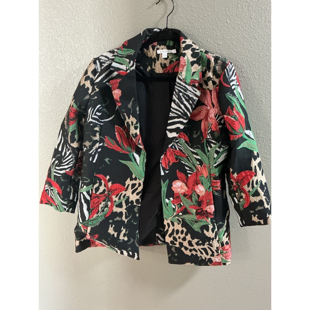 Chico's Blazer Women 2P Black Multi Excellent Floral Animal Print Jacquard